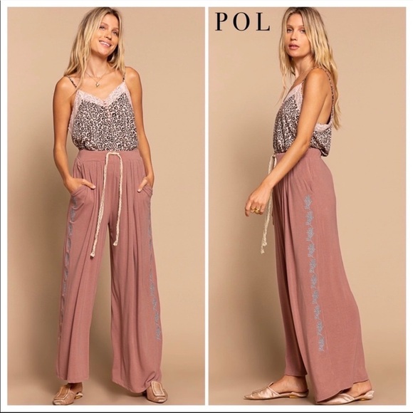 POL Pants - POL dusty rose floral leaf embroidered boho wide leg pants new soft lounge